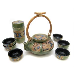 Tea Set with 1 Tea Pot, 6 Cups and 1 Tea Caddy - Leaves Design