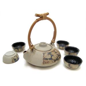 Tea Set with 1 Tea Pot and 5 Cups - Leaves Design