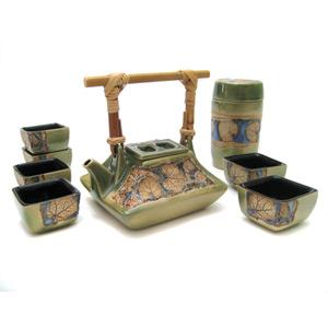 Tea Set with 1 Tea Pot, 6 Cups and 1 Tea Caddy - Leaves Design